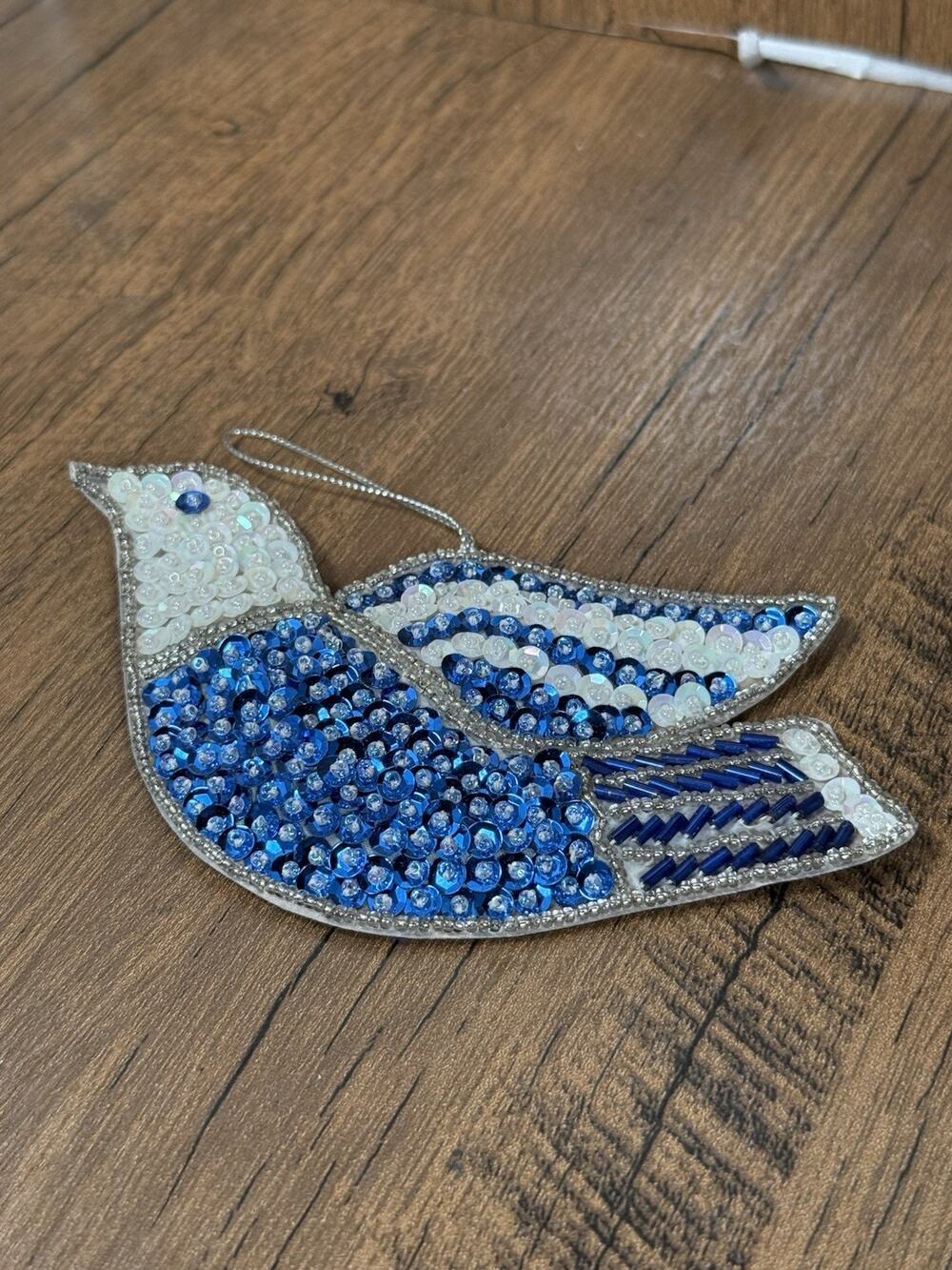 Avon Christmas Ornament Sequin Beaded Dove White Blue Silver